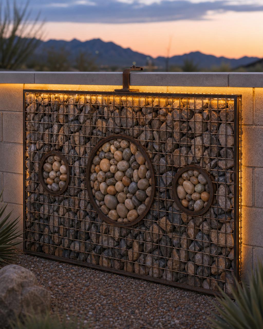 Trelace Cairn — architectural gabion panel with three circular rock apertures, wall-mounted so the entire wall section reads as one continuous gabion, warmly lit at dusk
