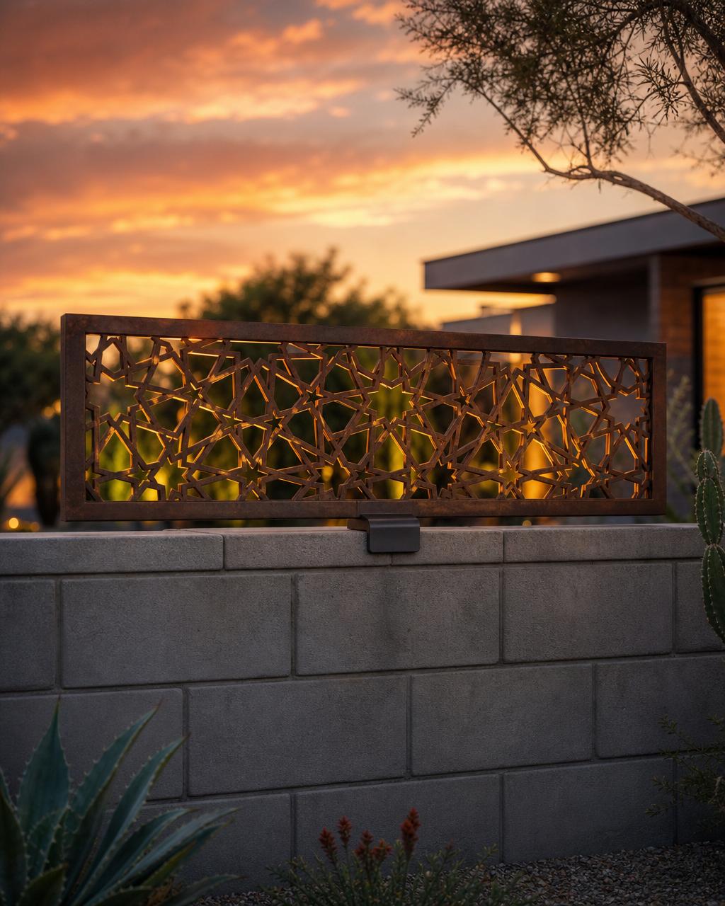 Trelace Skyline — a two-foot Moroccan star-lattice bronze privacy panel raising the height of a garden wall, backlit at dusk