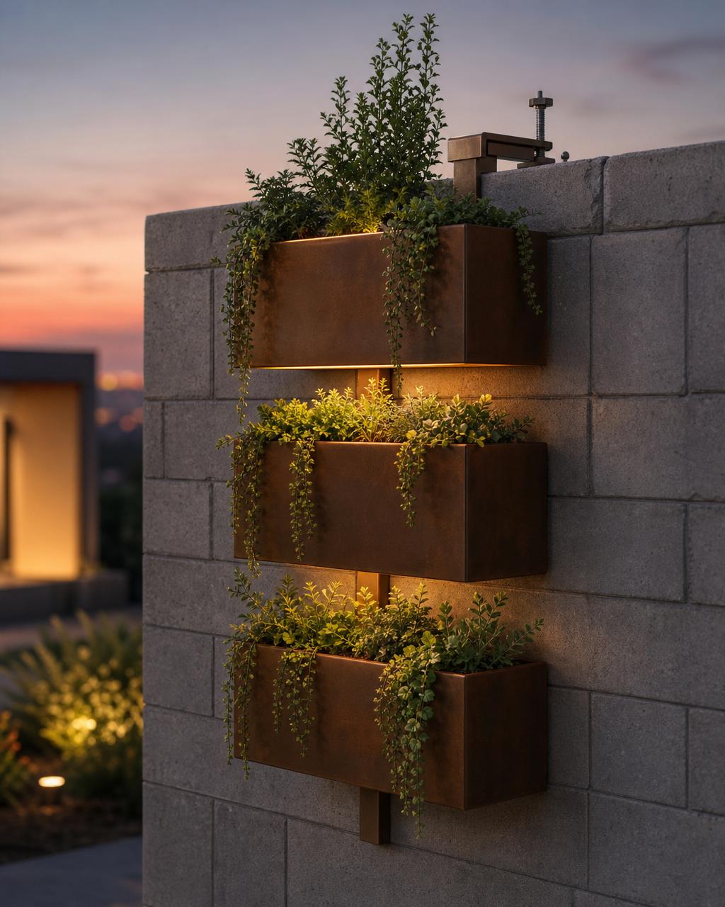 Trelace Strata — three bronze planter boxes stacked on a garden wall at dusk with warm integrated lighting