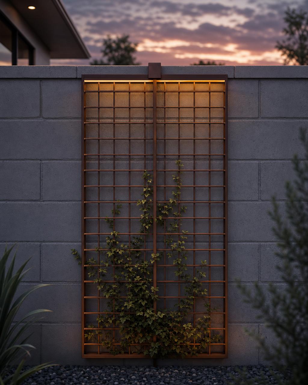Trelace Trellis — bronze grid trellis with a climbing vine, wall-mounted with warm integrated uplighting at dusk