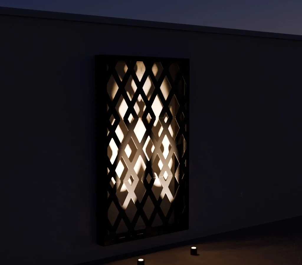 The same frame lit by two uplights in the bed: bright patches low on the screen and the lattice's shadow cast up the wall.