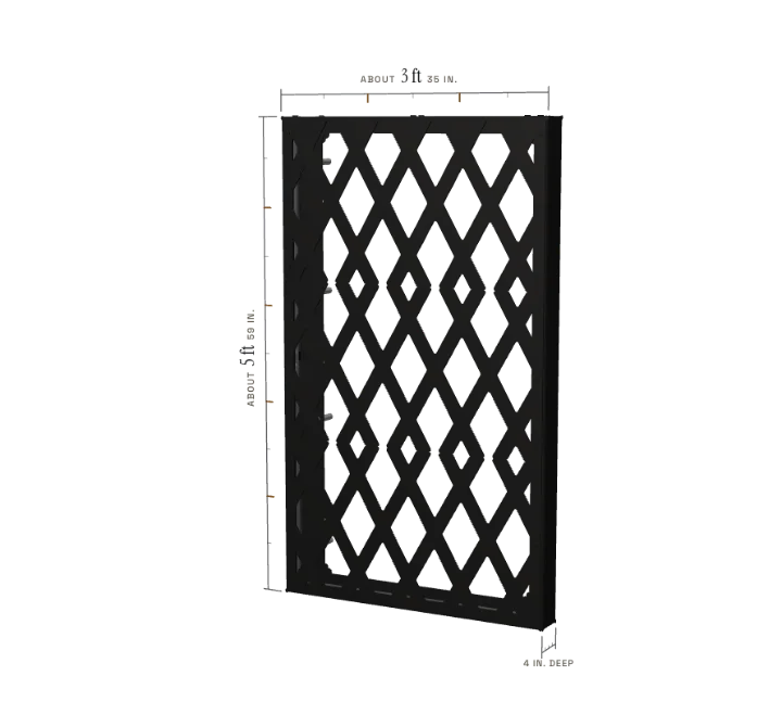The Trelace Frame: a black lattice screen in a slim powder-coated aluminum frame, measured at about 3 feet wide (35 inches), 5 feet tall (59 inches) and 4 inches deep.