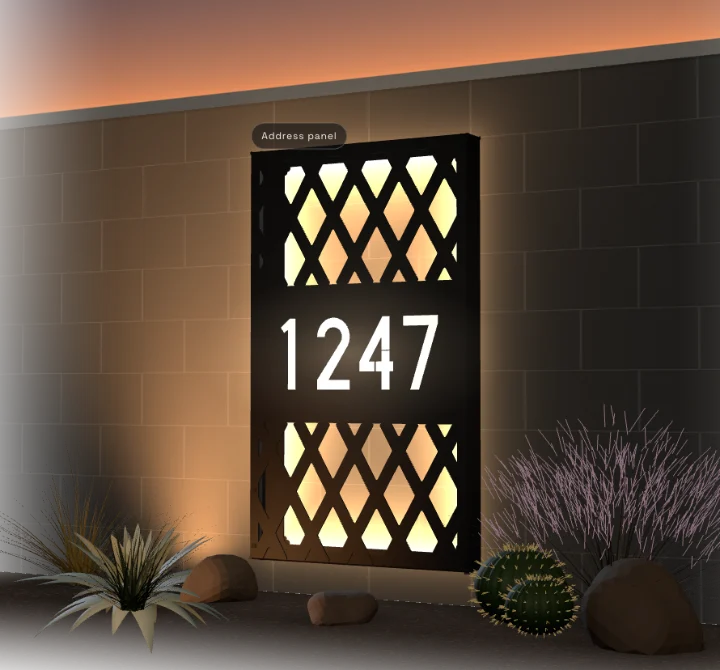 The frame at dusk with an address panel we are exploring in the middle, the house number 1247 lit warm from behind, between two diamond pattern panels.