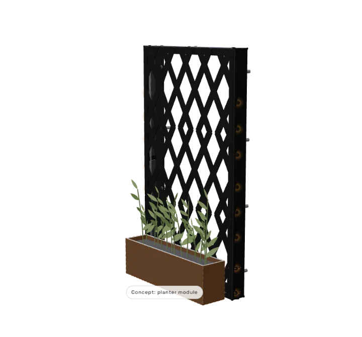 The side mounting points highlighted, with a concept planter module hanging from two points on each side.