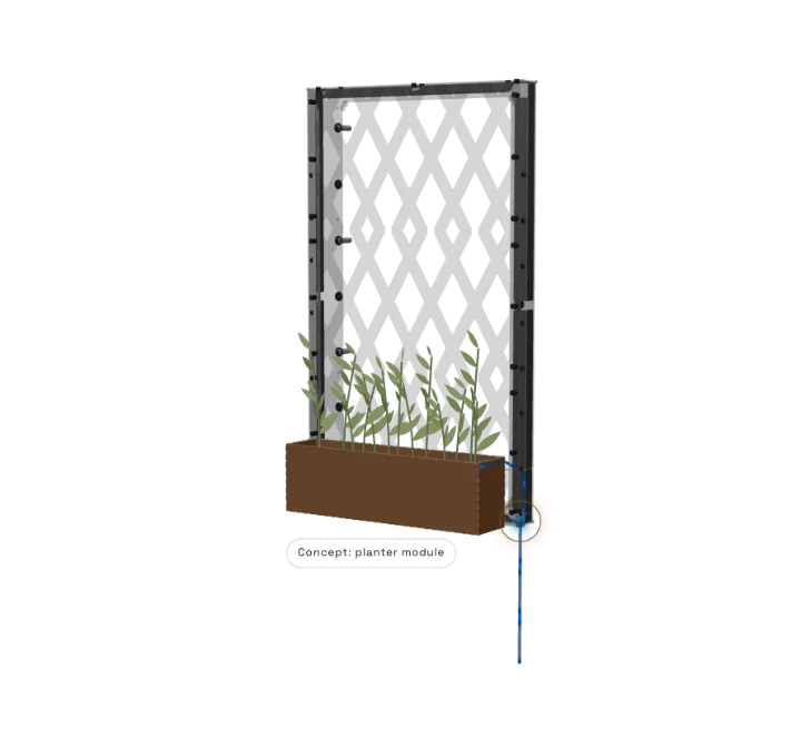 The frame shown see-through: water rises into the quick-connect at the base and runs up the right side of the frame to the planter.