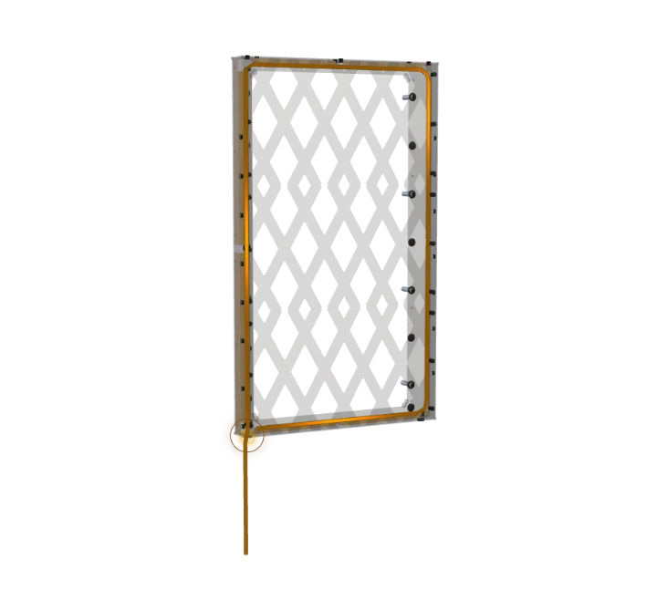 The wiring channel shown in amber: low-voltage power enters at the bottom-left corner and runs around the frame to the edge lighting.