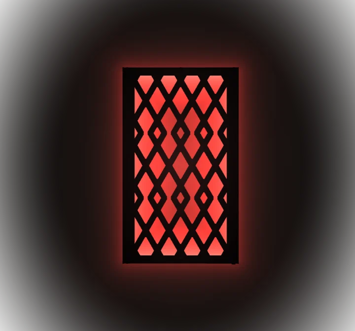 The Trelace Frame lit red from within, its diamond lattice in silhouette