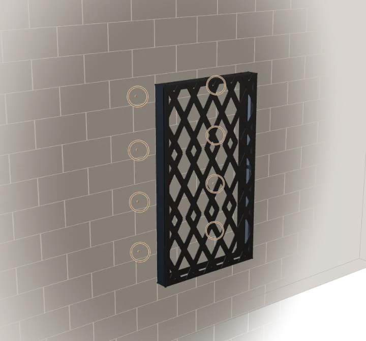 The frame lifted off the wall to show the eight wall anchors.