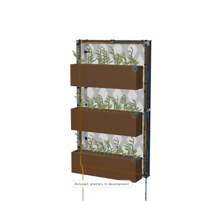 The finished frame shown see-through with three concept planter modules on the side mounting points: water runs from the base up the right side into each planter, and amber low-voltage power runs the channel to the edge lighting.