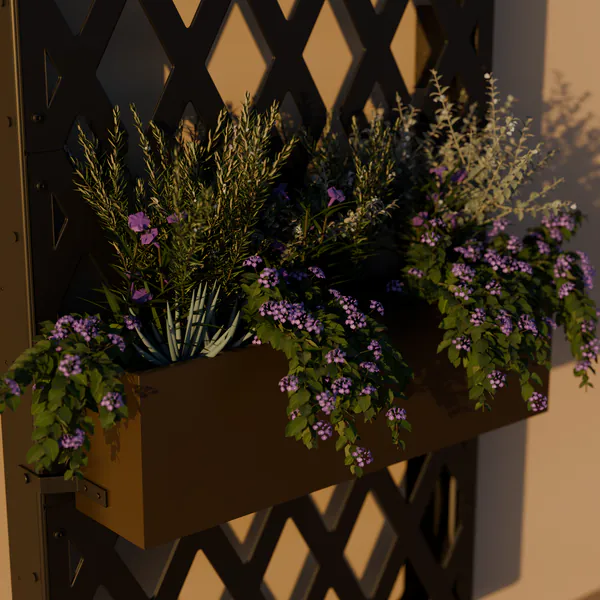 Concept: a bronze planter module hung on the Trelace Frame's side points at golden hour, planted with rosemary and trailing purple ruellia in front of the diamond lattice