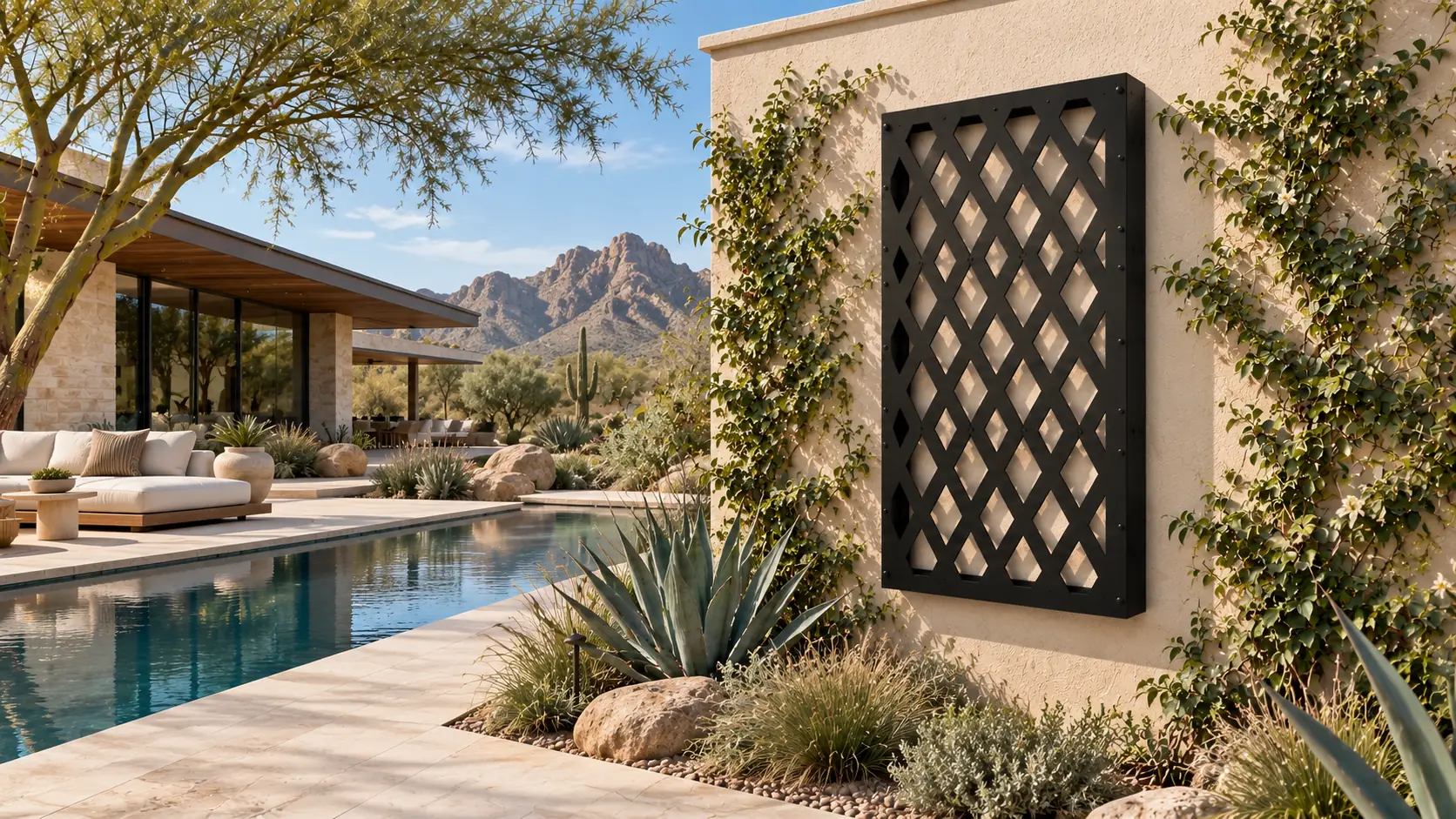A black laser-cut Trelace Frame on a stucco wall beside a desert pool at midday, mountains behind