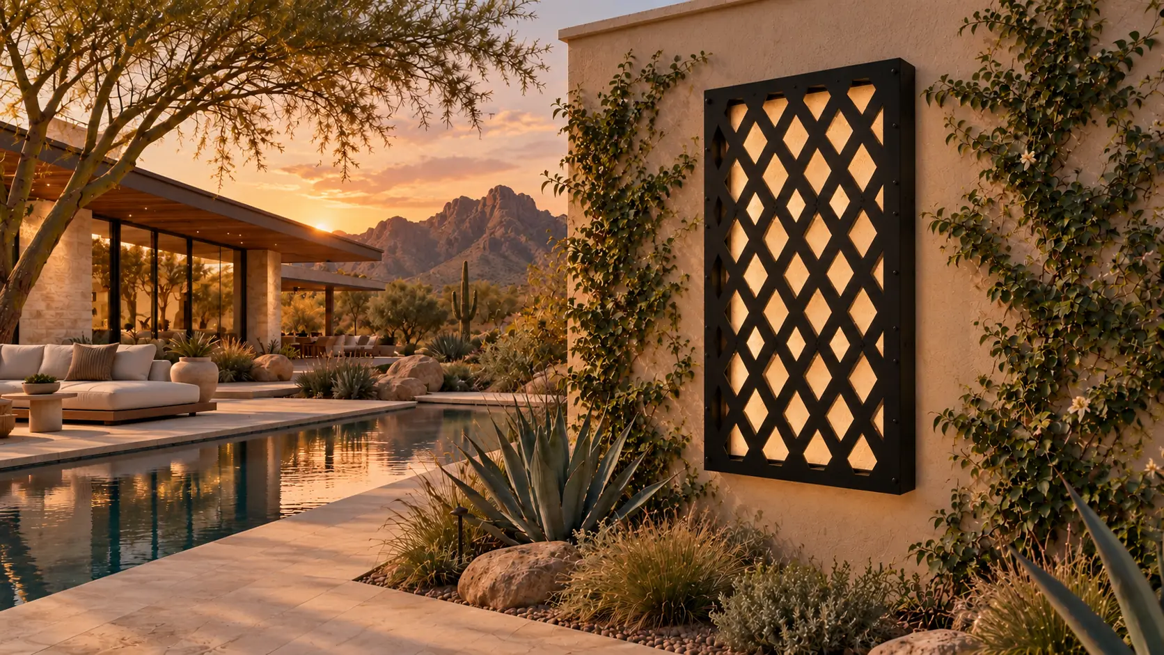 The Trelace Frame on a stucco wall beside a desert pool at golden hour