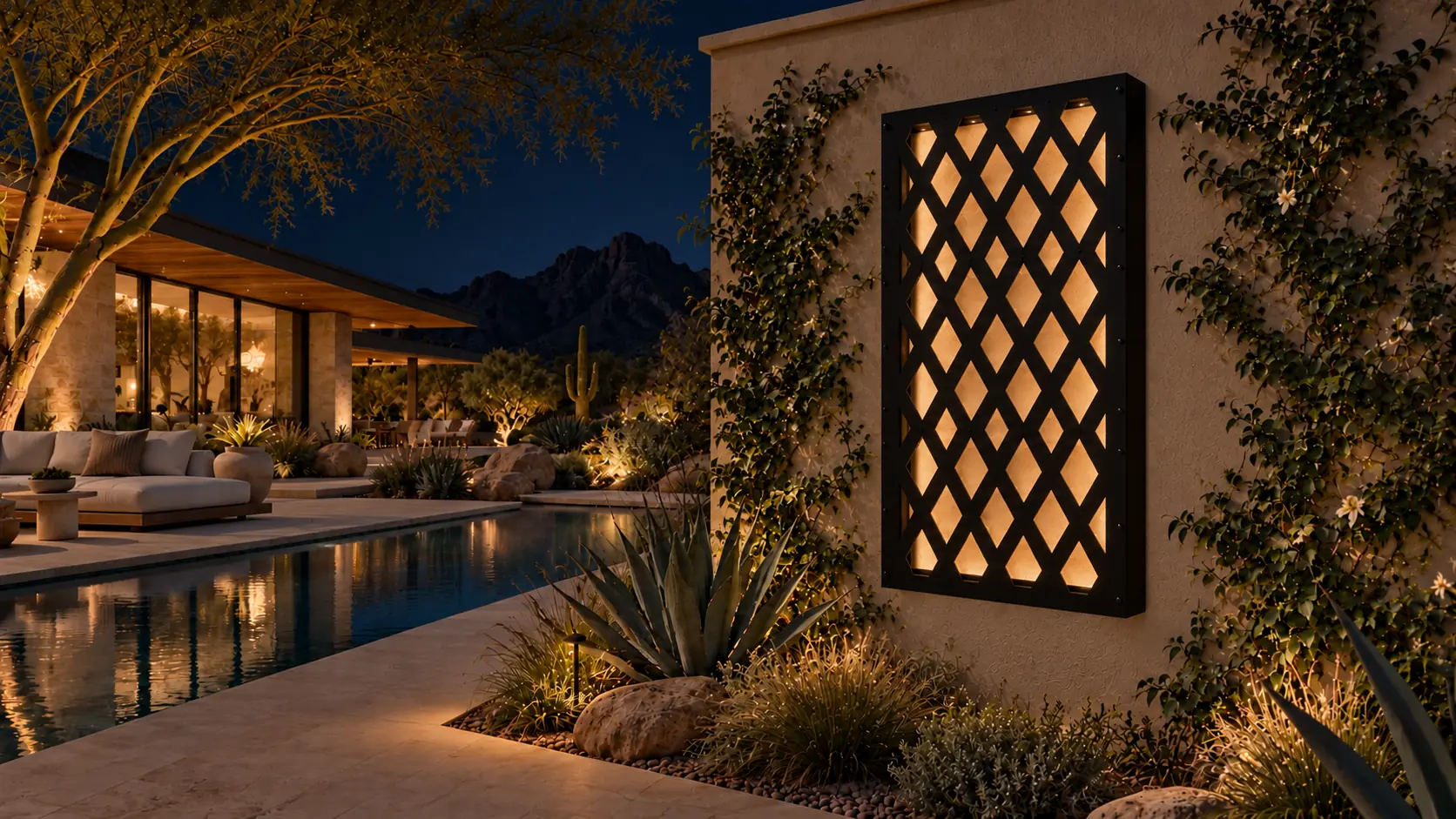 The Trelace Frame lit from within on a stucco wall beside a desert pool at night