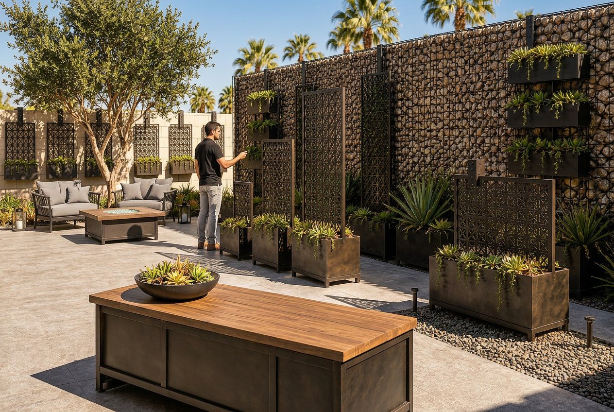 Trelace installation vignette in bright desert daylight — planters, trellis screens, and gabion panels composed on an existing masonry wall.