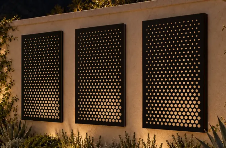 Afterglow, a concept screen shown on three frames on a garden wall after dark