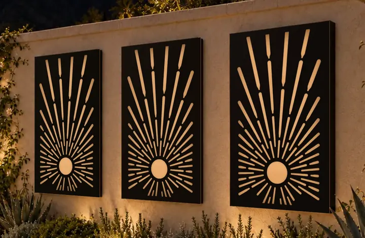 Daybreak, a concept screen shown on three frames on a garden wall after dark