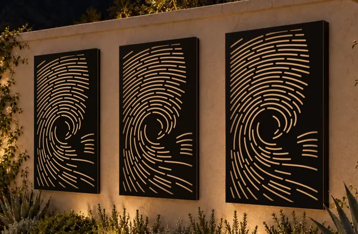 Dust Devil, a concept screen shown on three frames on a garden wall after dark