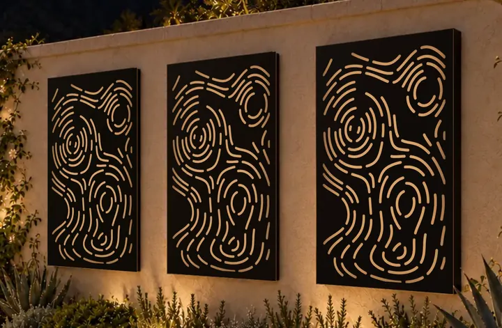 Papago, a concept screen shown on three frames on a garden wall after dark