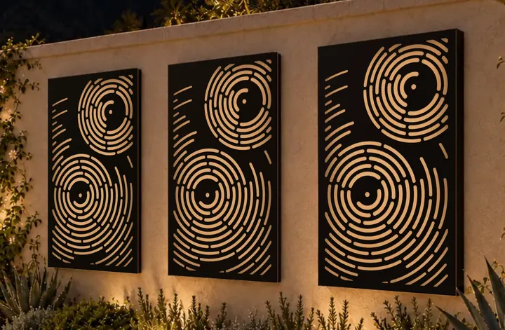 Ripple, a concept screen shown on three frames on a garden wall after dark