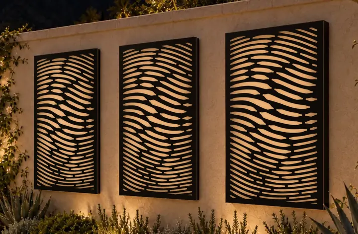 Vermilion, a concept screen shown on three frames on a garden wall after dark